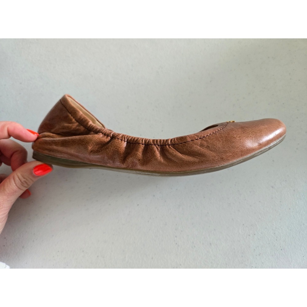 Prada Designer Brown Leather Elastic Scrunch Ballet Flats Gold Logo Womens 37.5 - Picture 9 of 9
